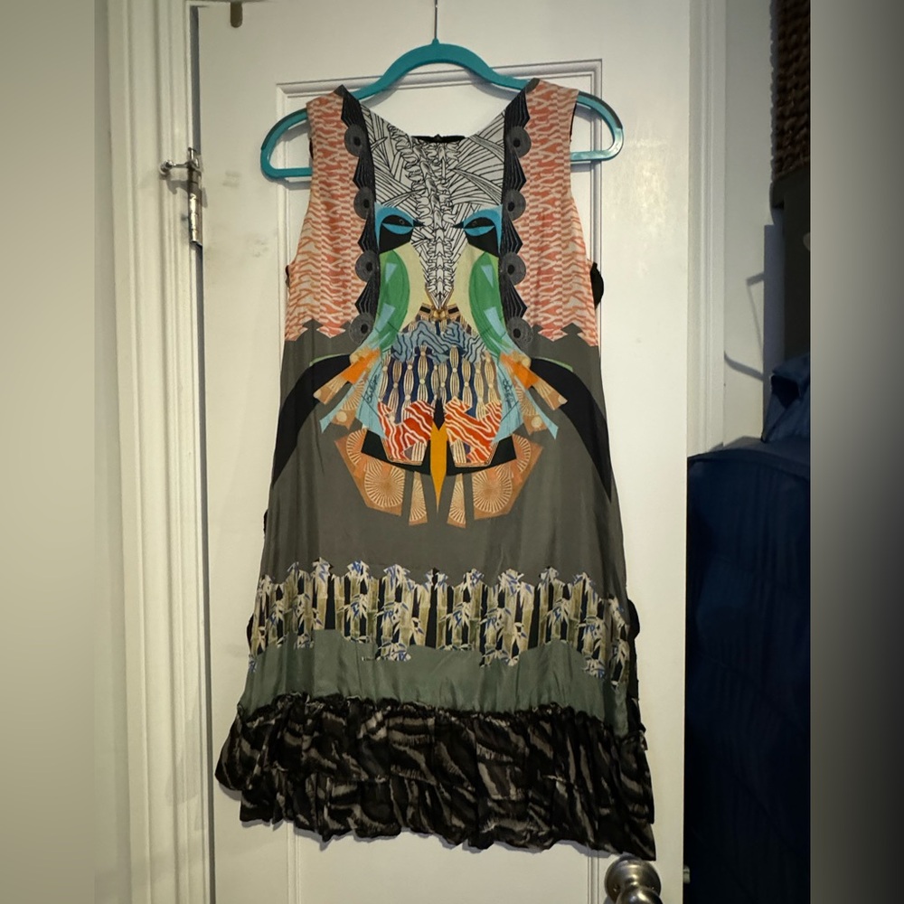 Silk & cotton multicolored print and textured sleeveless shift dress, size M